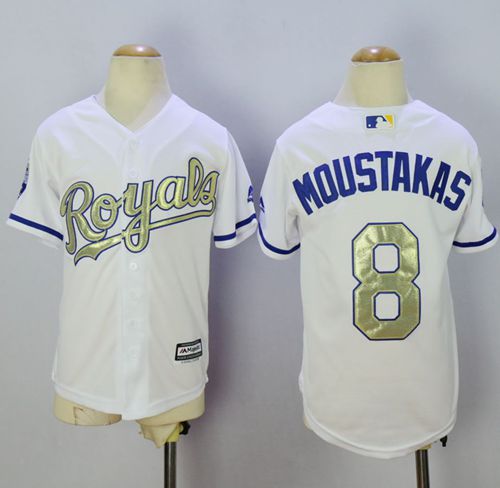 Royals #8 Mike Moustakas White 2015 World Series Champions Gold Program Cool Base Stitched Youth MLB Jersey - Click Image to Close